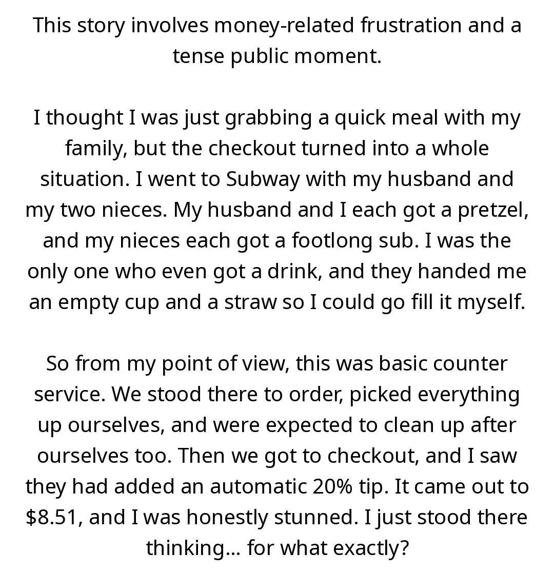 AITA for having the tip removed at Subway after they added an automatic 20% charge for counter service? slide 1