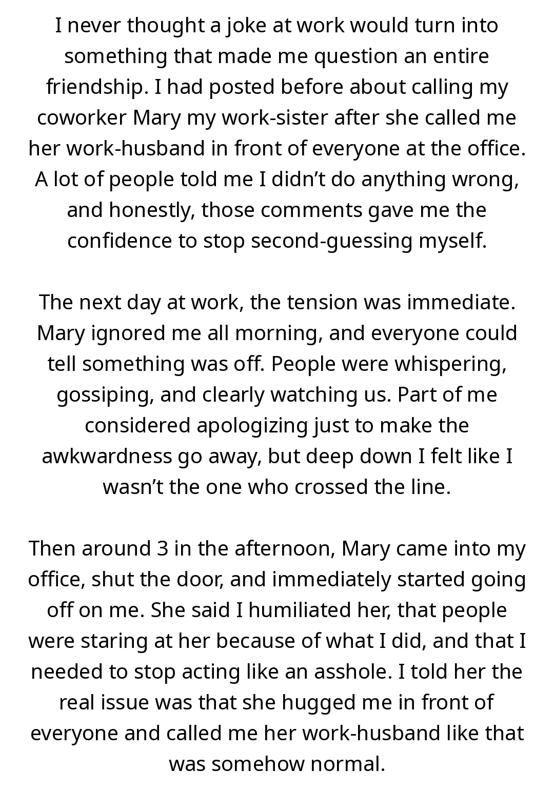 AITA for calling my coworker my work-sister after she called me her work-husband in front of the whole office? slide 1
