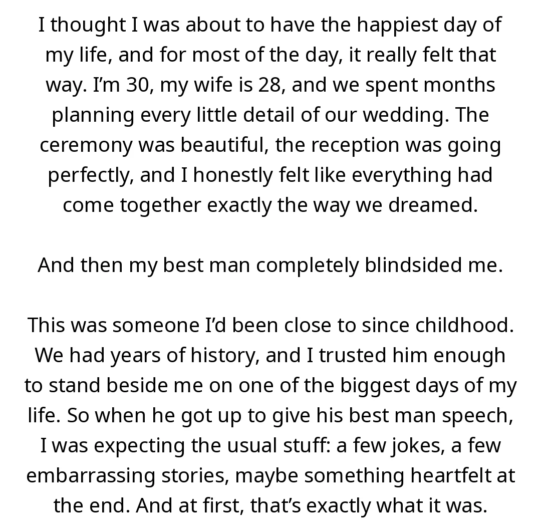 AITA for kicking out my best man after he proposed during my wedding reception and made the night about him? slide 1