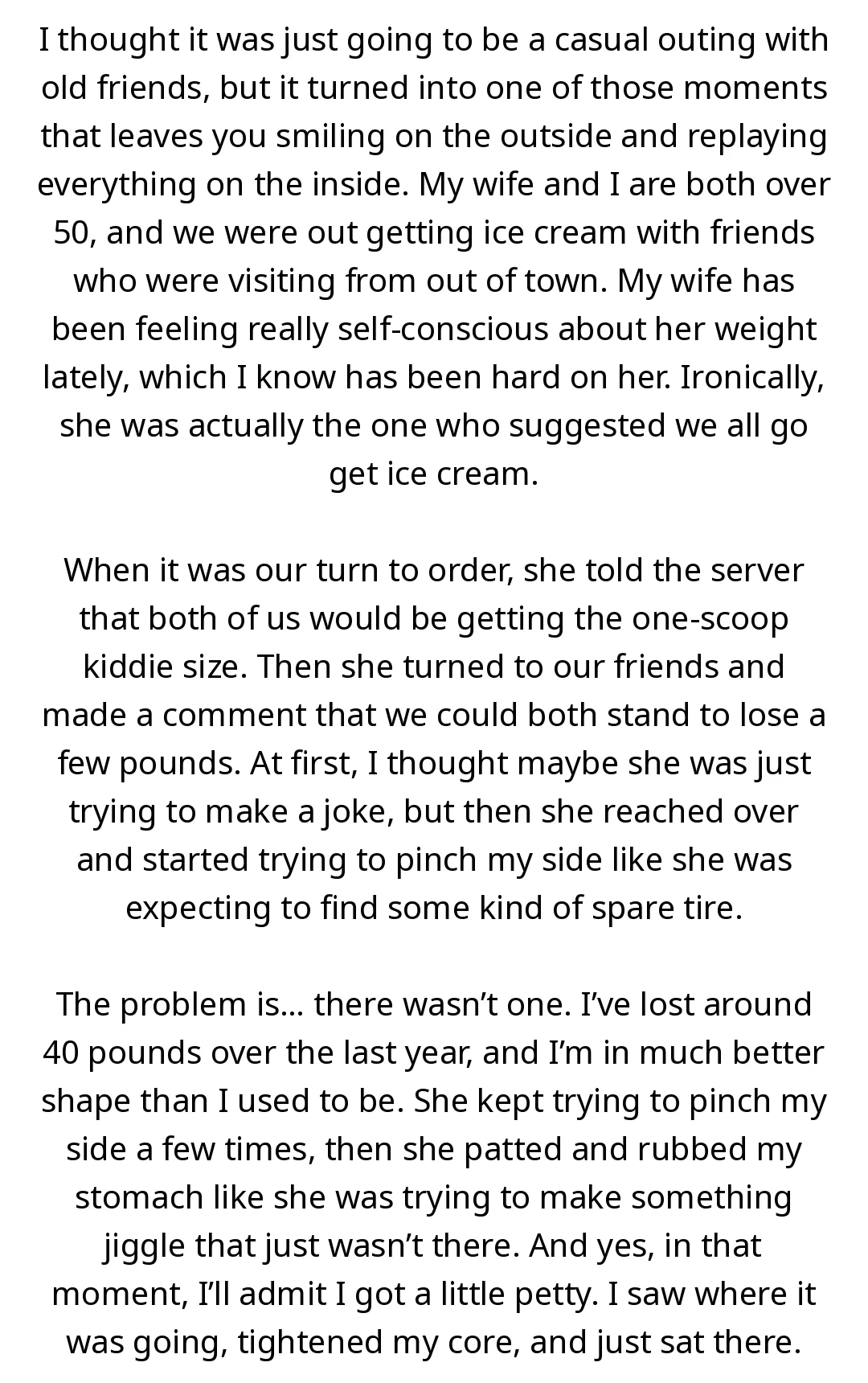 AITA for not letting my wife “F*t check” me after she tried to make me look out of shape in front of our friends? slide 1