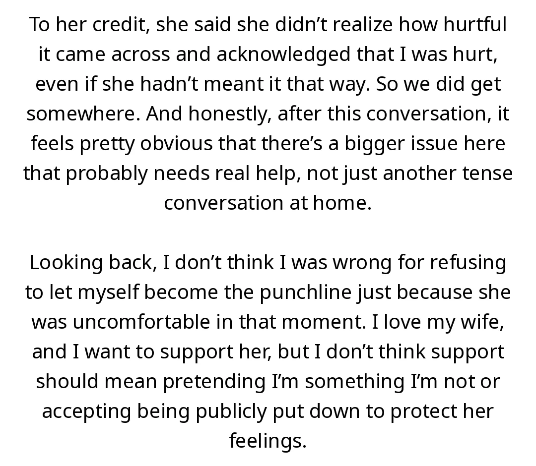 AITA for not letting my wife “F*t check” me after she tried to make me look out of shape in front of our friends? slide 3