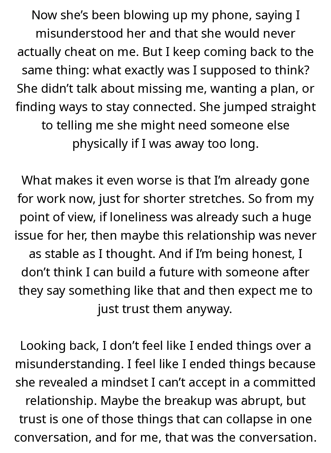 AITA for breaking up with my girlfriend after she basically told me she would cheat on me if I took a higher-paying job overseas? slide 3