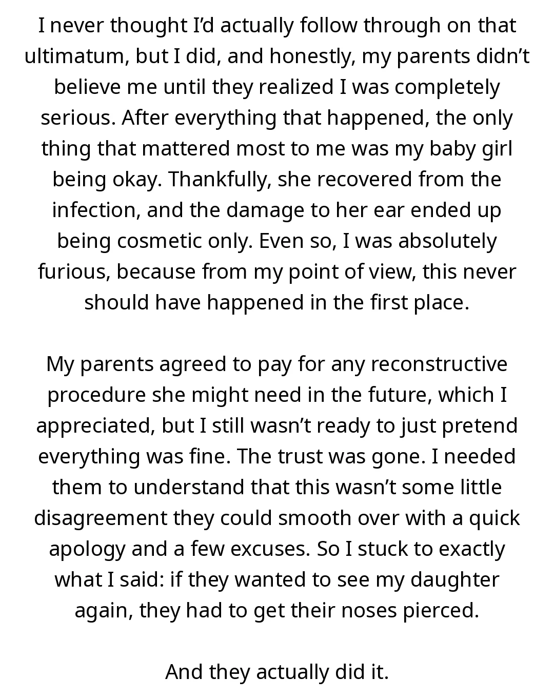 AITA for making my parents get nose piercings before I let them see my daughter again after what they did? slide 1