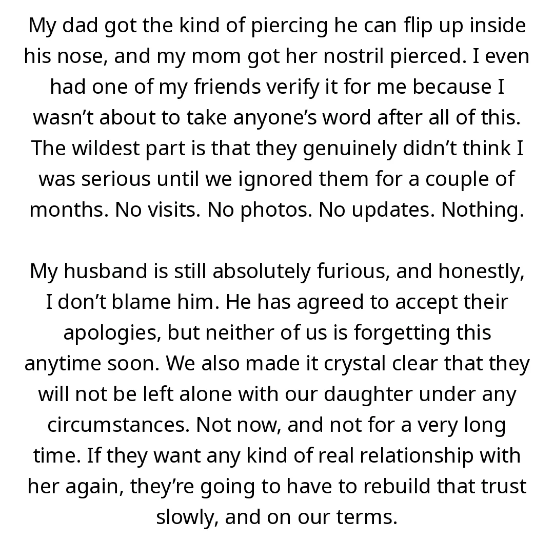 AITA for making my parents get nose piercings before I let them see my daughter again after what they did? slide 2