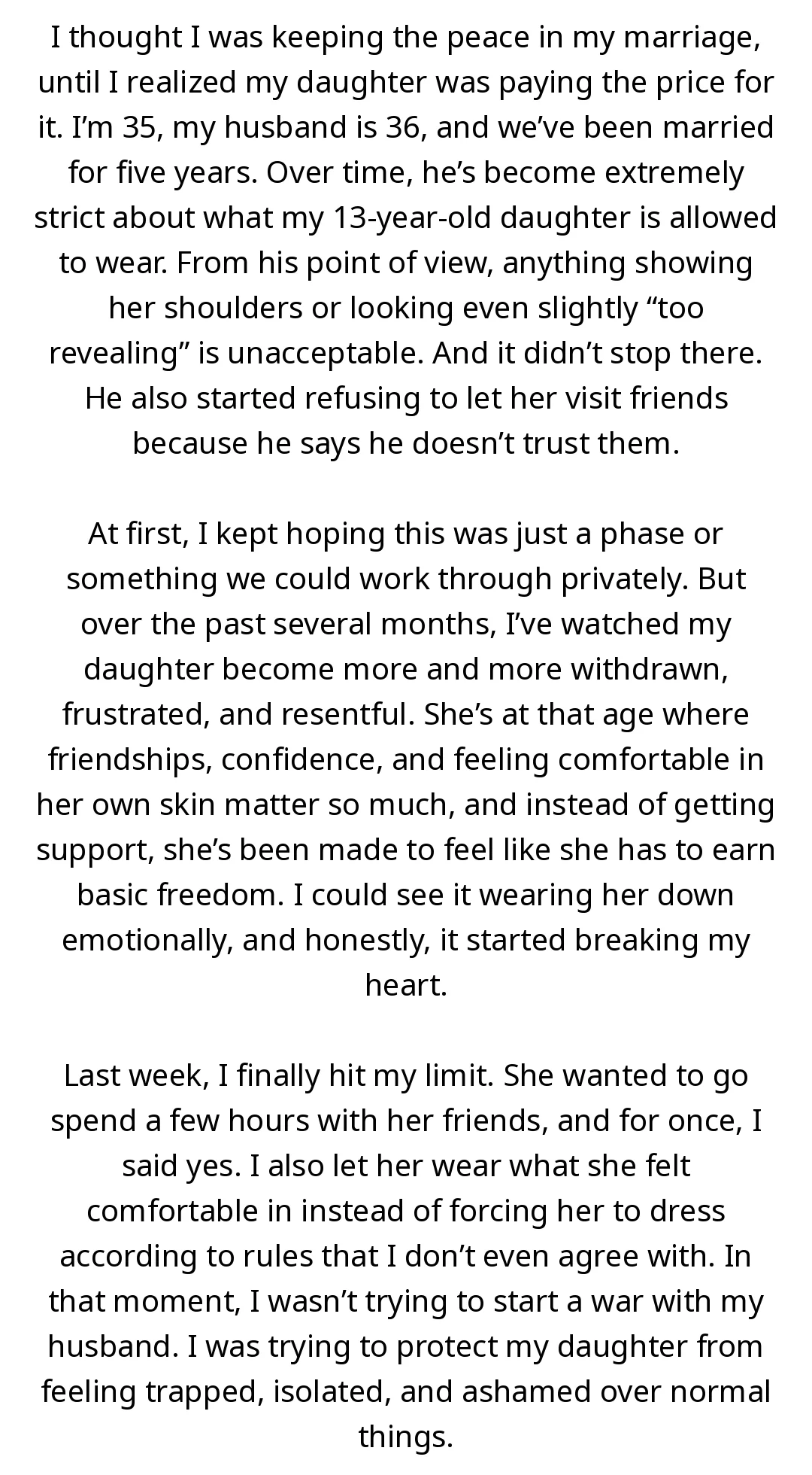 AITA for going against my husband after he kept controlling what my daughter wears and who she’s allowed to see? slide 1