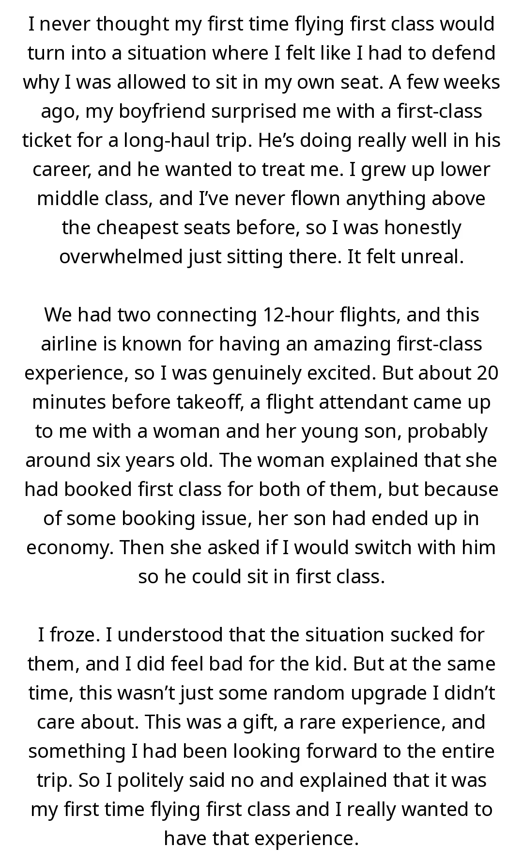 AITA for refusing to give up my first-class ticket for a kid after his mom said he deserved it more than me? slide 1