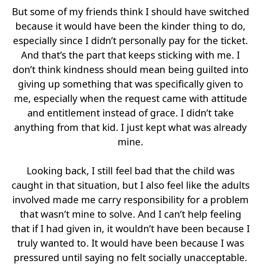 AITA for refusing to give up my first-class ticket for a kid after his mom said he deserved it more than me? slide 3